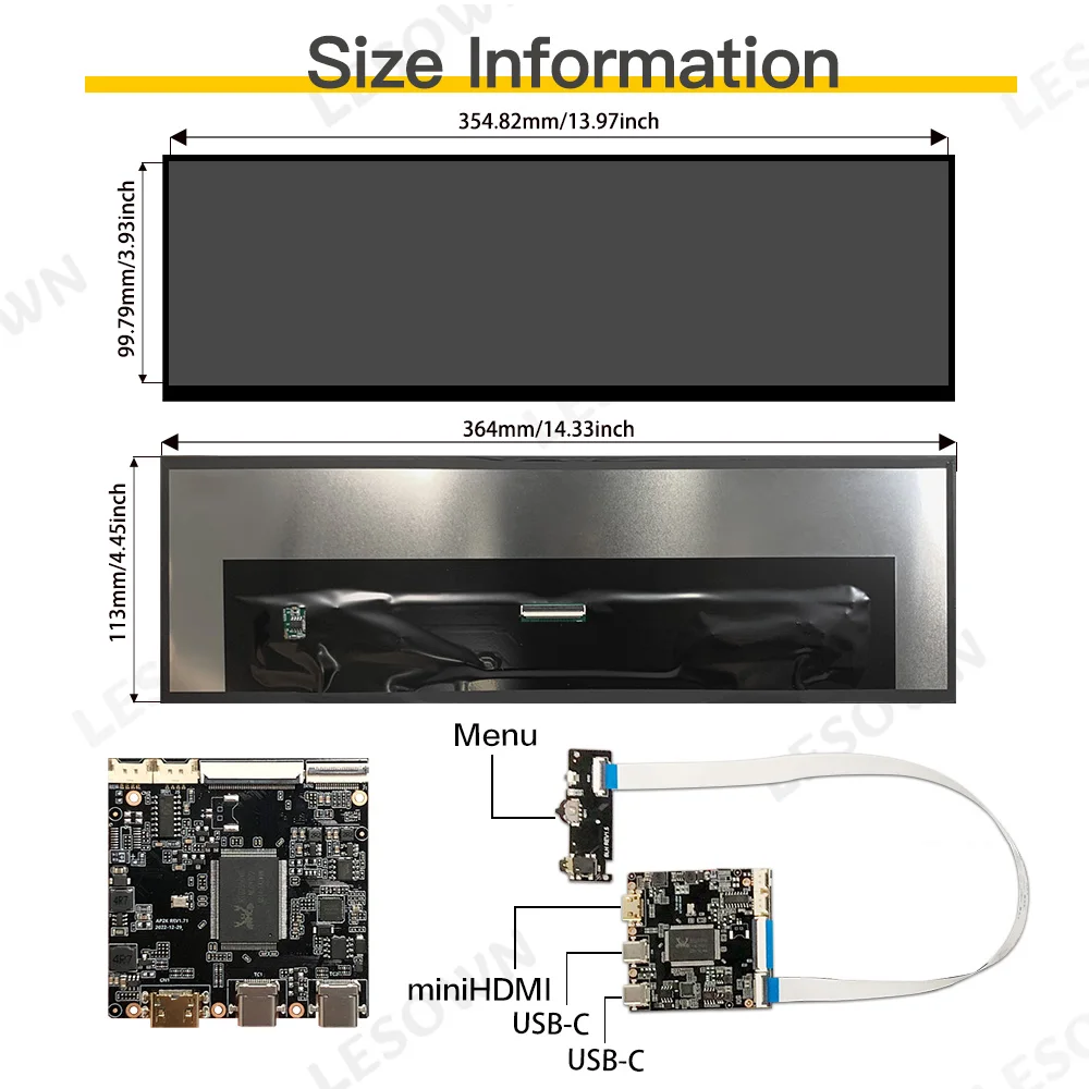 LESOWN 14.5inch 2560x720 Stretched LCD Matrix Layout Plug and Play Mini HDTV Type-C 5V Drive Panel for Secondary Display