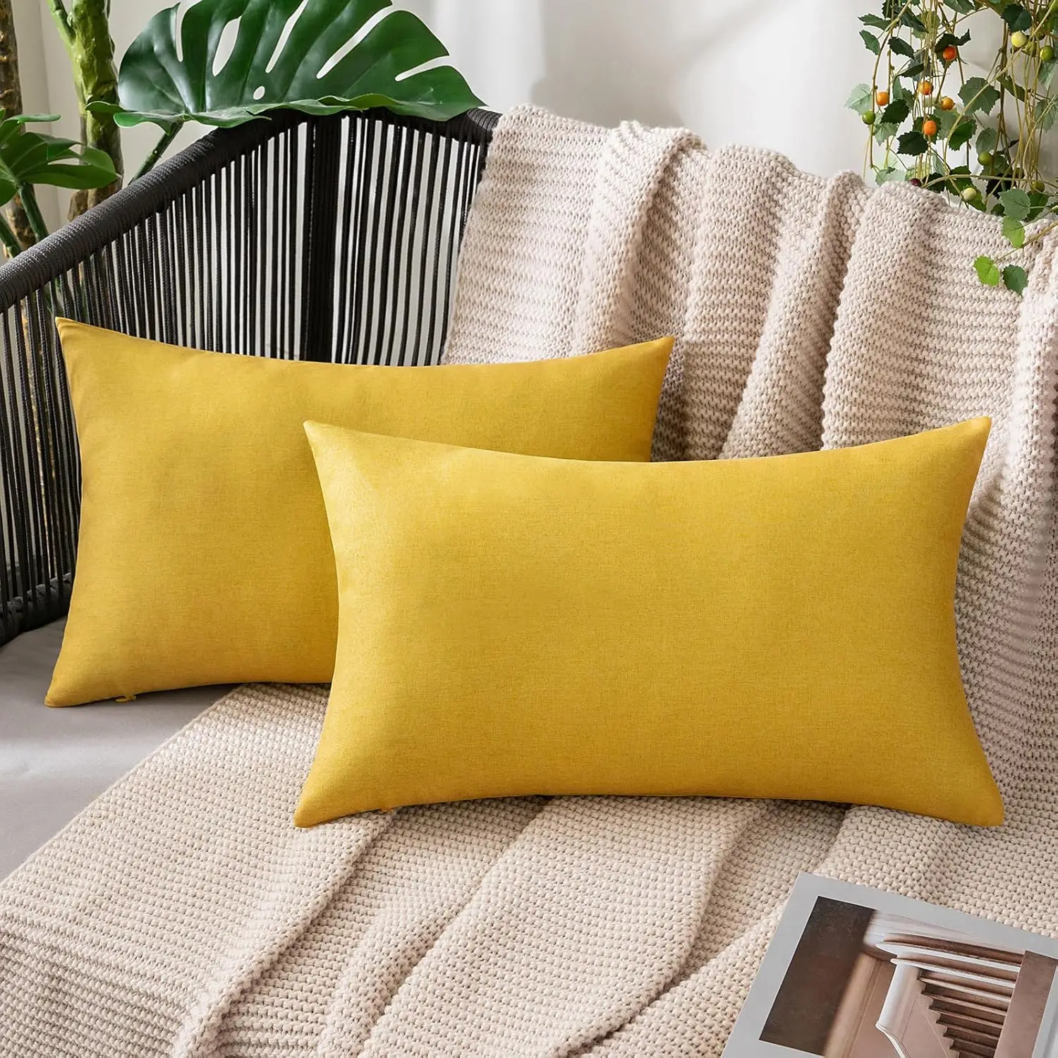 

Pack of 2 Decorative Outdoor Solid Waterproof Throw Pillow Covers Faux Linen Garden Farmhouse Cushion Cases for Summer Patio Ten