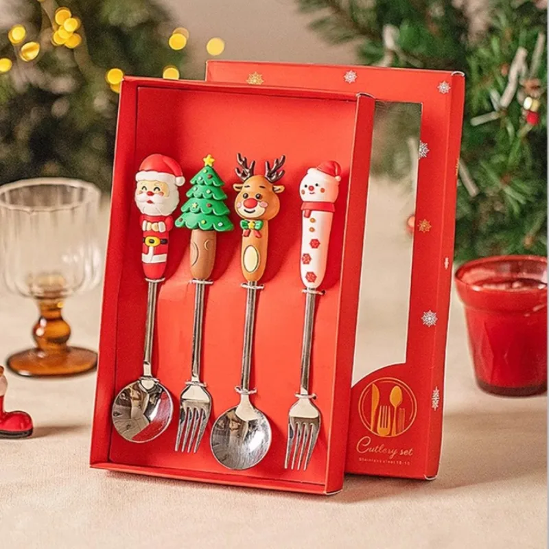 

4PCS Christmas Gifts Box Christmas Spoons, Stainless Steel Stirring Spoon Tea Coffee Spoon with Christmas Pendant for Xmas Party
