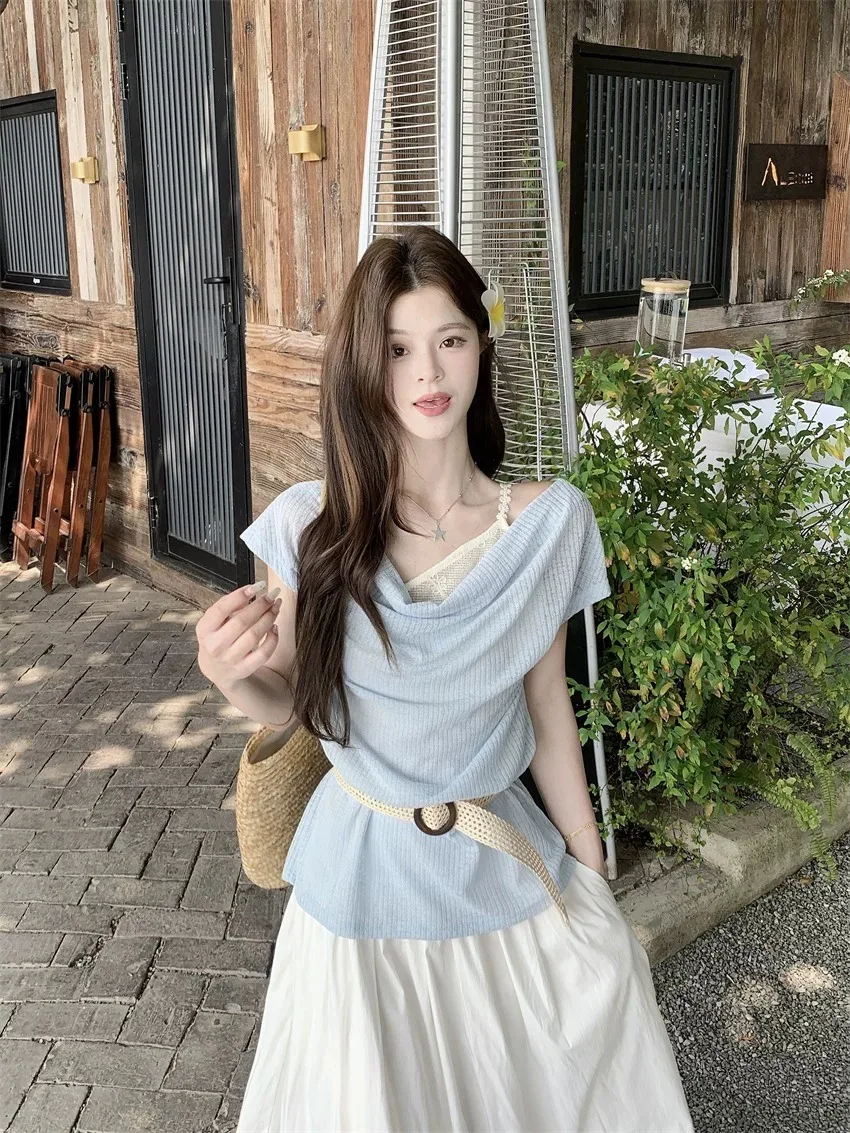 Gentle Wind Shoulder Bared Short Sleeve T Shirt Women Summer New Waist Cinched Lace Paneling Fake Two Piece Knitted Top