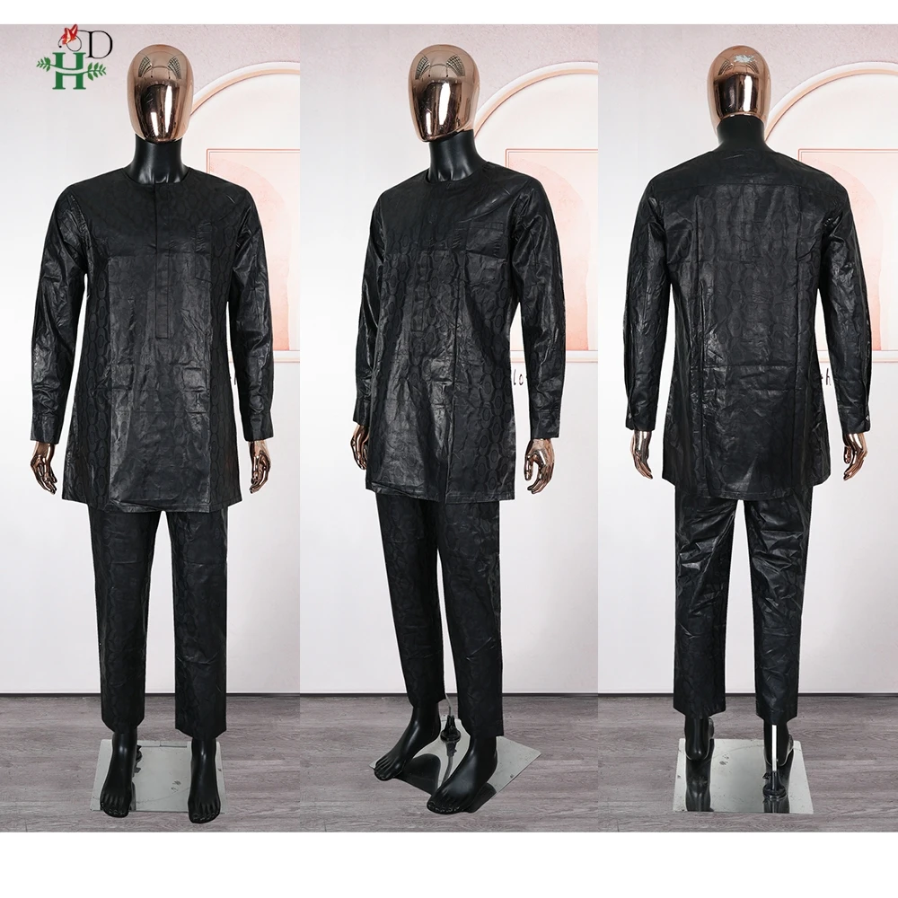 H&D African Clothing Luxury For Man Nigerian Traditional Outfit Agbada Sets 3PCS Shirt Pant Embroidery Wedding Suits Plus Size