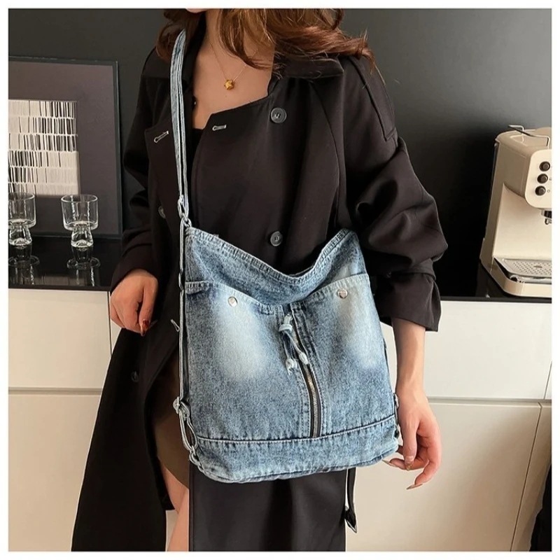 

Vintage Washed Denim Hobo Tote Bag, Spacious & Adjustable Dual Carry Design with Pocket for Everyday Casual Activities & Work