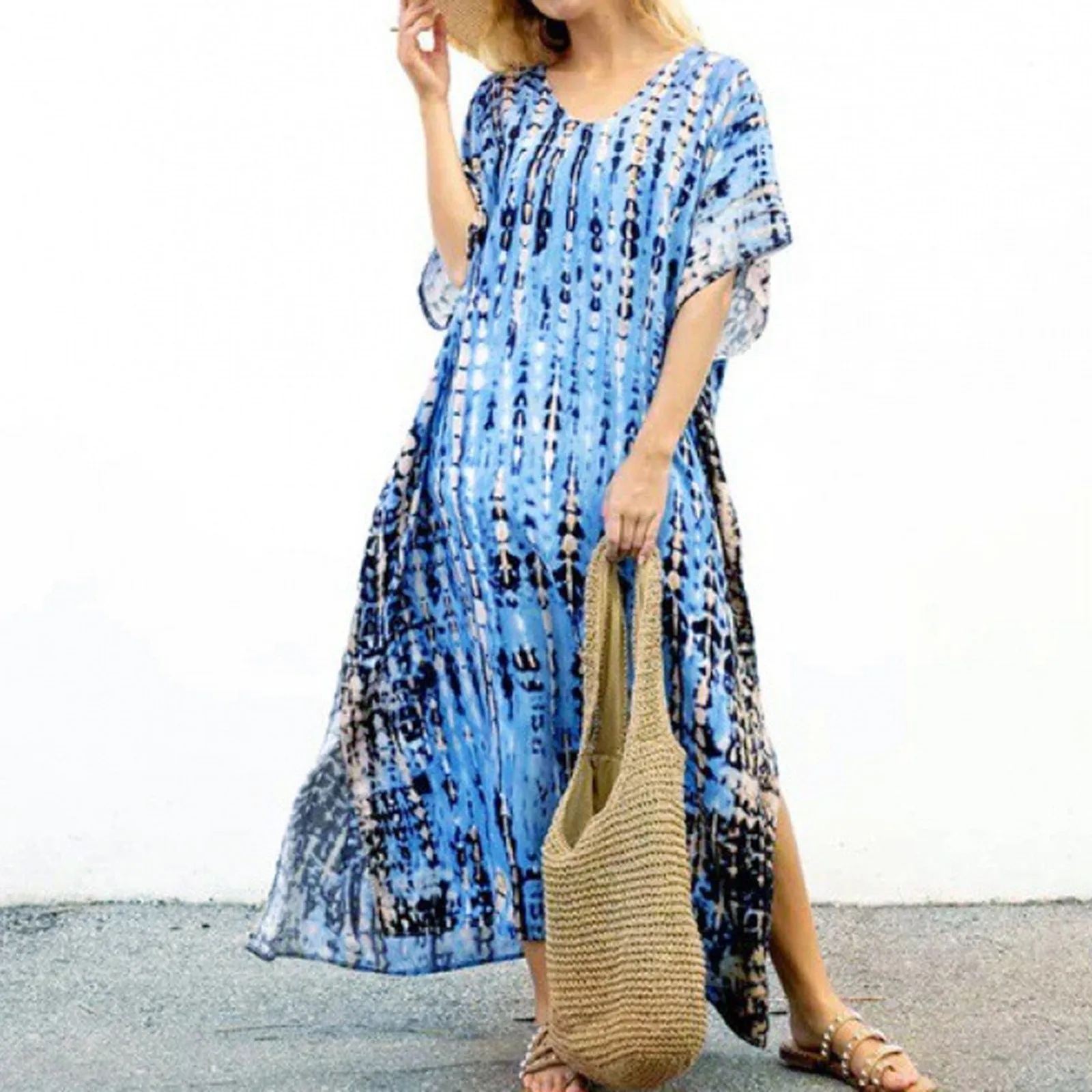 

2024 Womens casual beach dress Plus Size Kaftans Casual V Neck Long Soft oversize ladies loose Beach Maxi printed for Summer