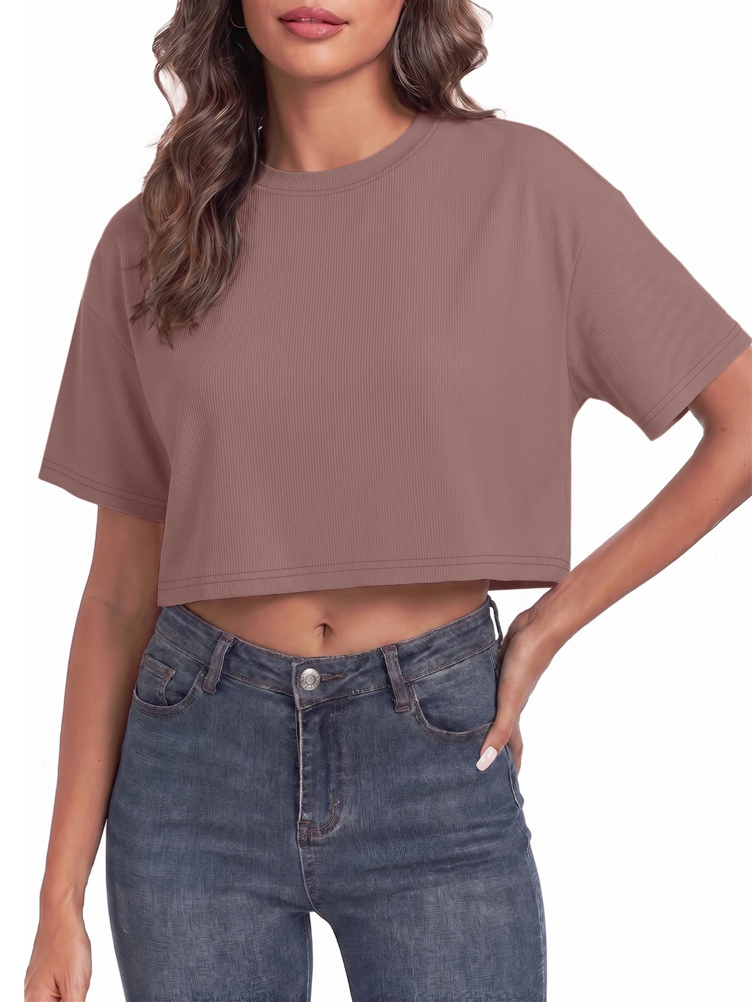 Ladies Y2K Cropped Ribbed T Shirt Drop Shoulder Short Sleeve Round Neck Solid Loose Waist Reveal Top