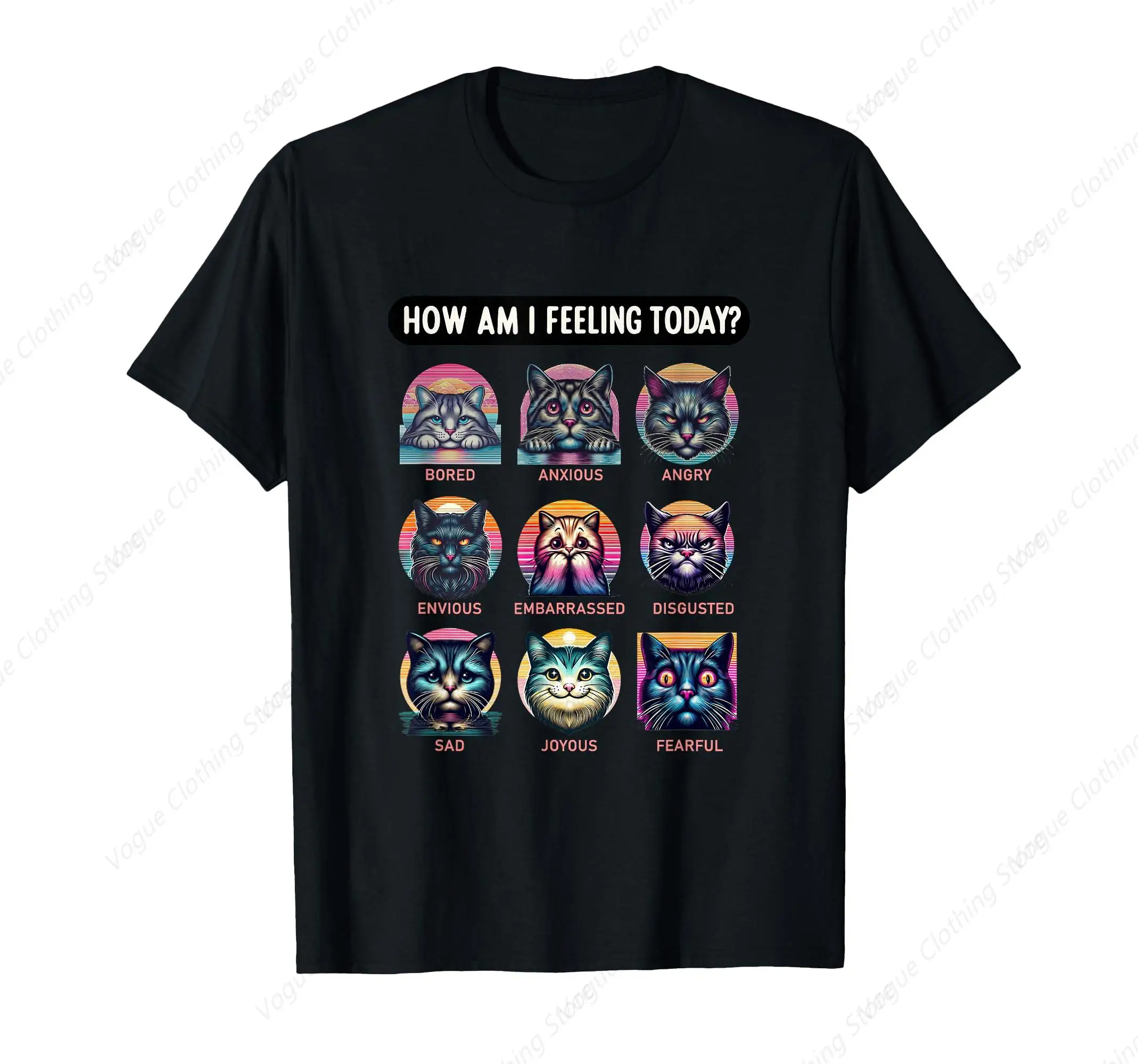 How Am I Feeling Today? Cats Emotion Mental Health Day Retro T-Shirt Funny Prevailing Tee Fashion Short Sleeves Comfortable Soft