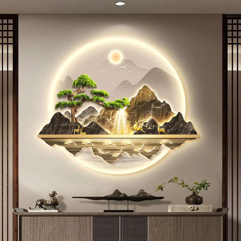 New Chinese Style Entrance Hall LED Light Painting - Wealth-Attracting Water Landscape & Corridor Welcome Pine LED Mural