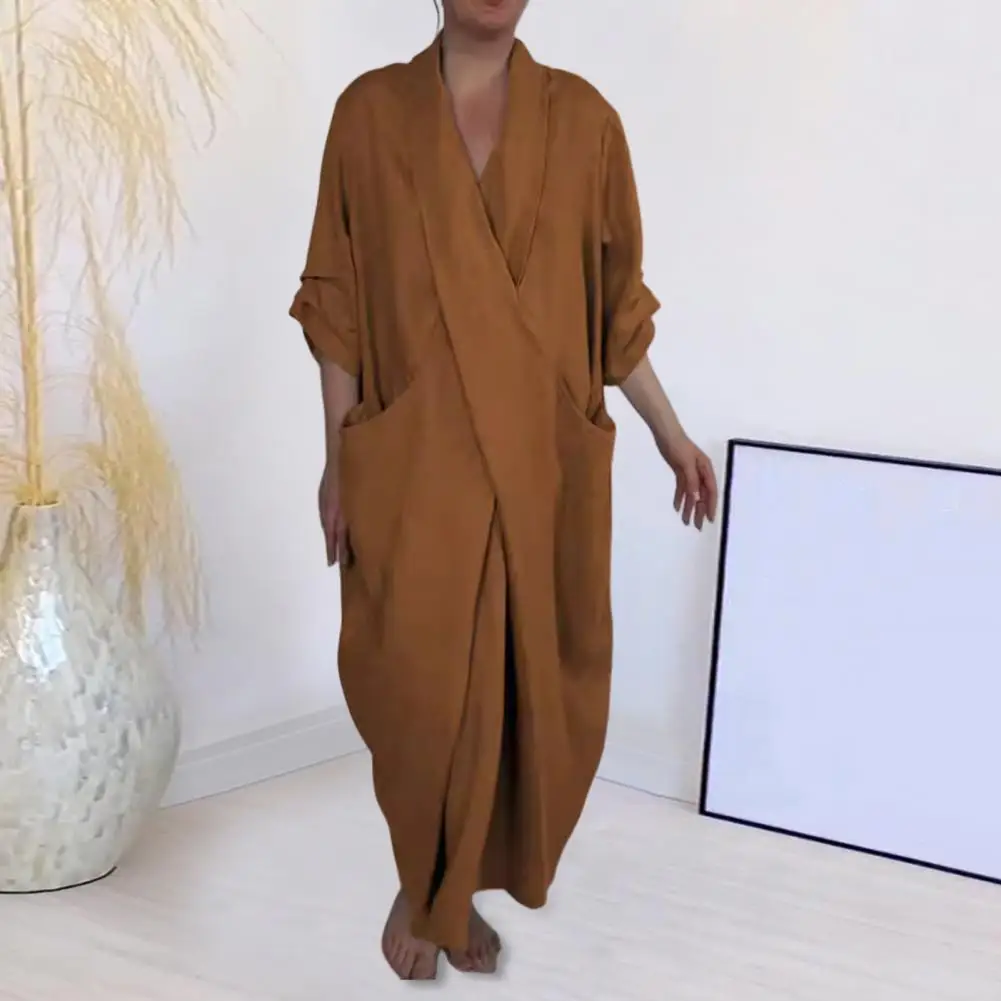 

Spring Fall Maxi Dress Robe Baggy V Neck Solid Color Large Pocket Retro A-line Bohemian Maxi Dress Casual Party Travel Dress