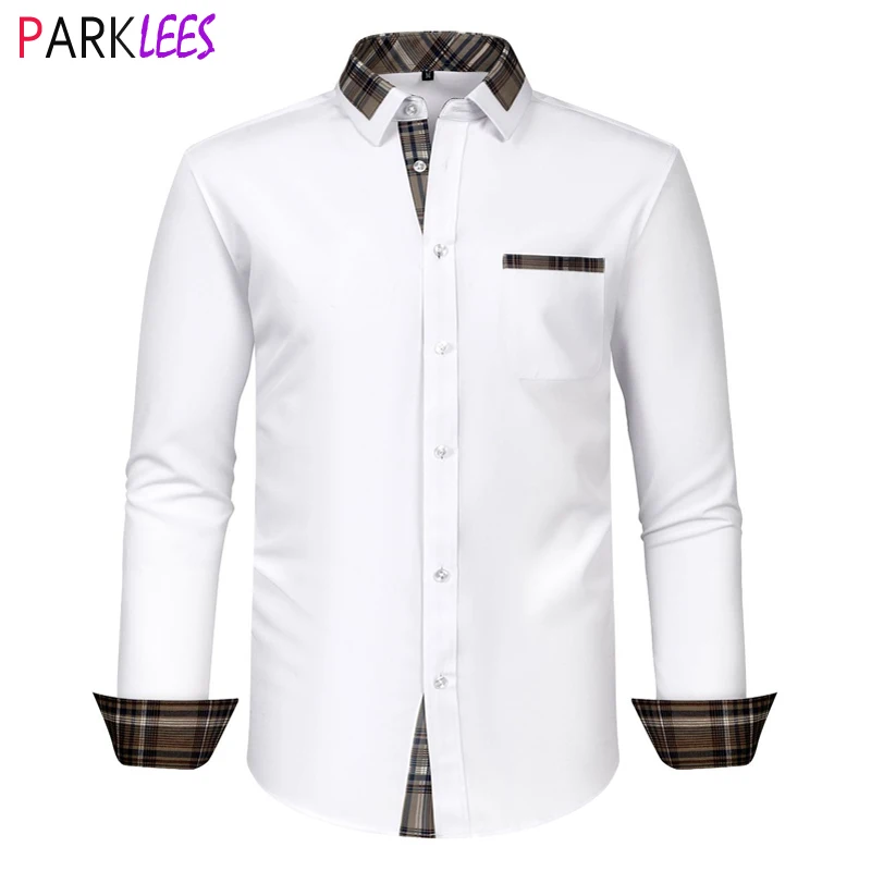 

Mens Plaid Patchwrok Dress Shirts 2024 Brand New Slim Fit Long Sleeve White Button Up Shirt Casual Business Formal Chemise Homme