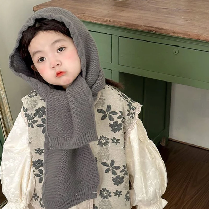 Autumn And Winter Retro Children's Hat Solid Color Baby Shawl Scarf Knitted Versatile Simple Integrated Wool Hat Pullover Hat