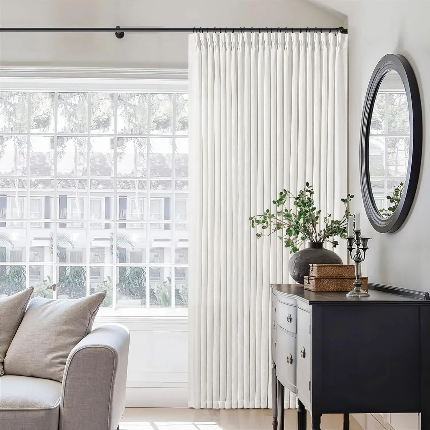 

Beige White Pinch Pleated Extra Wide Curtain Panels 108 Inches Long 100 Inch Wide Linen Curtain for Sliding Glass Door Semi