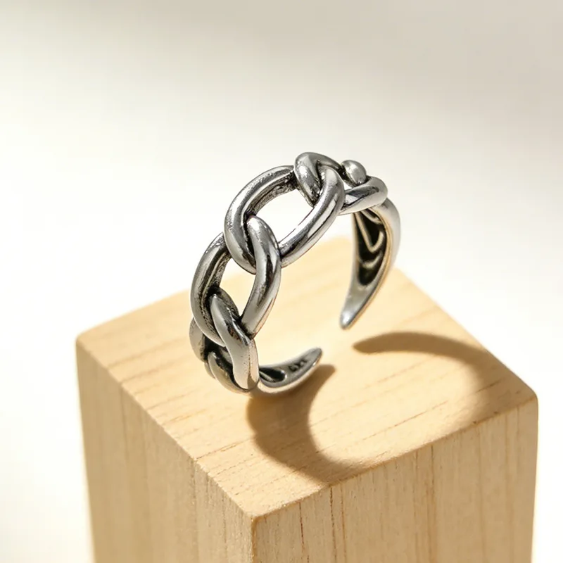 

Кольцо в стиле хип-хоп с кубинской цепью из стерлингового серебра 925 пробы, ретро, простое, индивидуальное, регулируемое, 02878