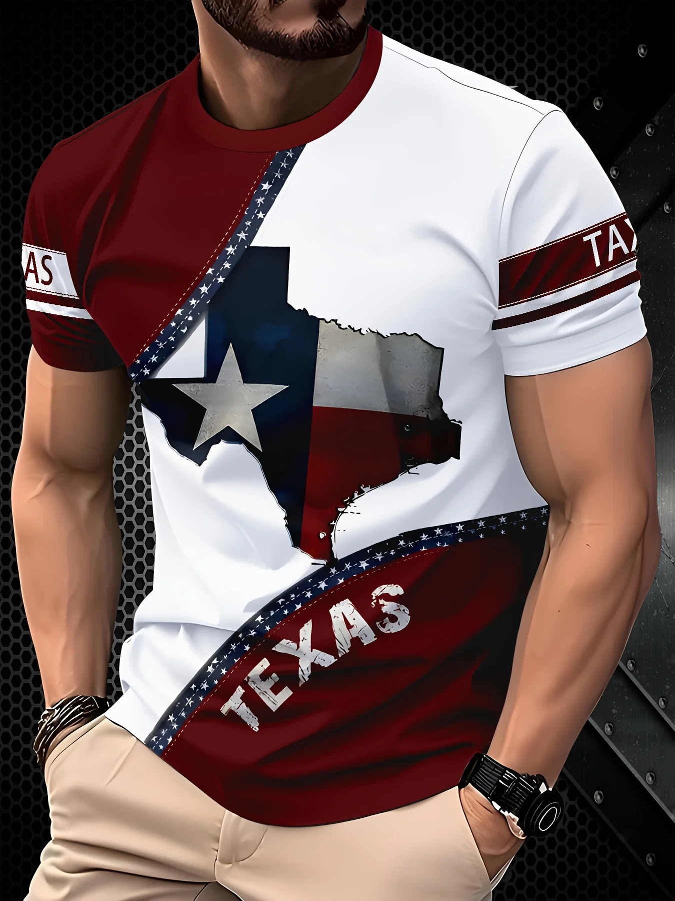 

1pc Men'S Casual Novelty T-Shirt,Texas Flag Print,Crew Neck,Polyester Knit Fabric with Slight Stretch,Regular Fit