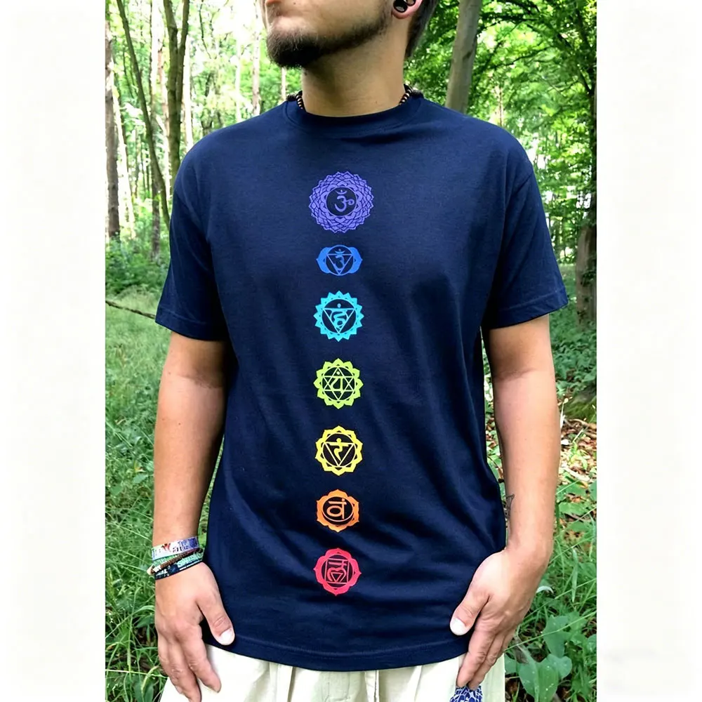 Black Yoga Men T-shirt with The 7 Chakras in The Colors of The Rainbow Kundalini Energy Centers Chakra Meditation Healing Tee