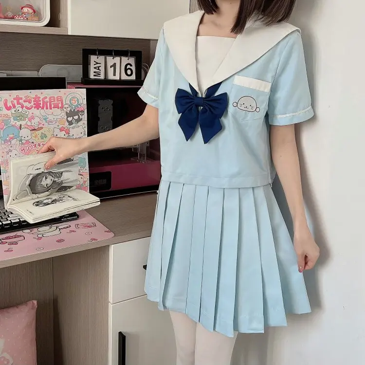 Soft Cute Cartoon Embroidered Collar JK Uniform Top 2025 New Navy Collar Short Sleeve Light Blue Top Short Jackets for Women