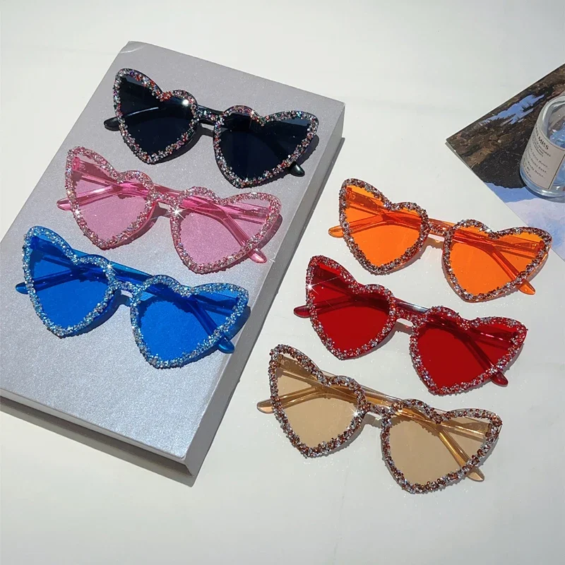 KAMMPT Heart Shaped Sunglasses with Rhinestones Women Stylish Candy Color Beach Rave Shades Trendy Sweet Handmade Sun Glasses