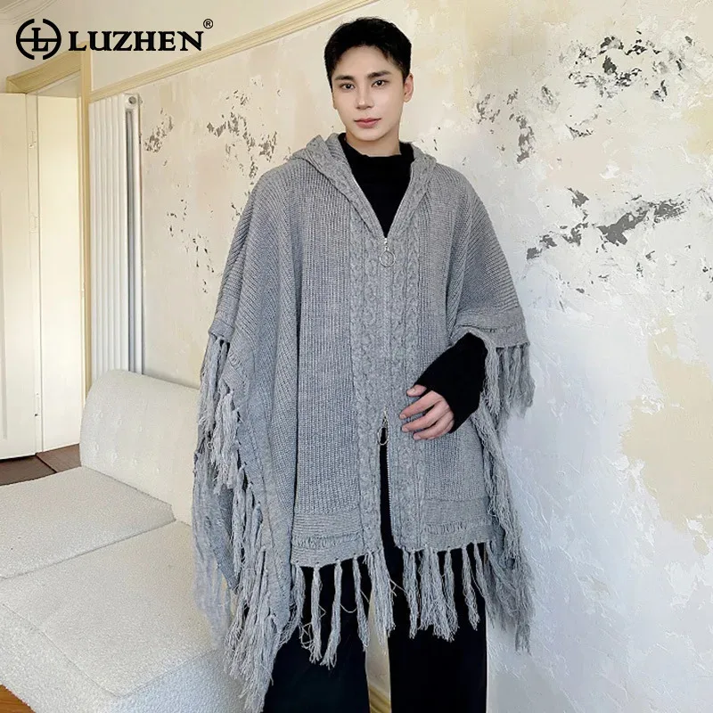 

LUZHEN Tassel Hooded Shawl Sweater Personalized Fashion High End Light Luxury Versatile Original Designer Male Outerwear LZ6174