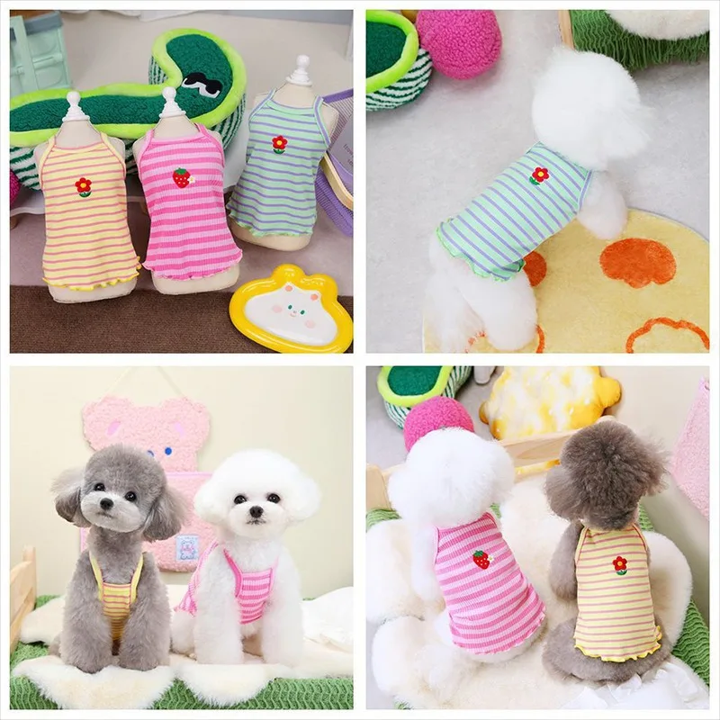 

Flower Embroidery Teddy Clothes Summer Dog Camisole Vest Puppy Stripe Clothing Pet Casual T-Shirt Pet Supplies