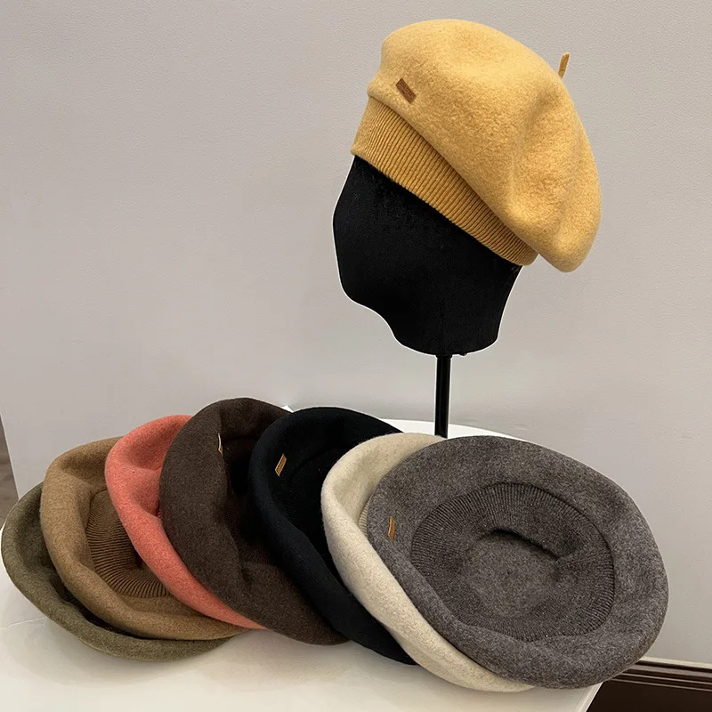 

Beanie Hat Wool Tweed Small Leather Label Wide Brim Beret Cap women's Autumn Winter Literature Retro Warm Fashion Painter Hats