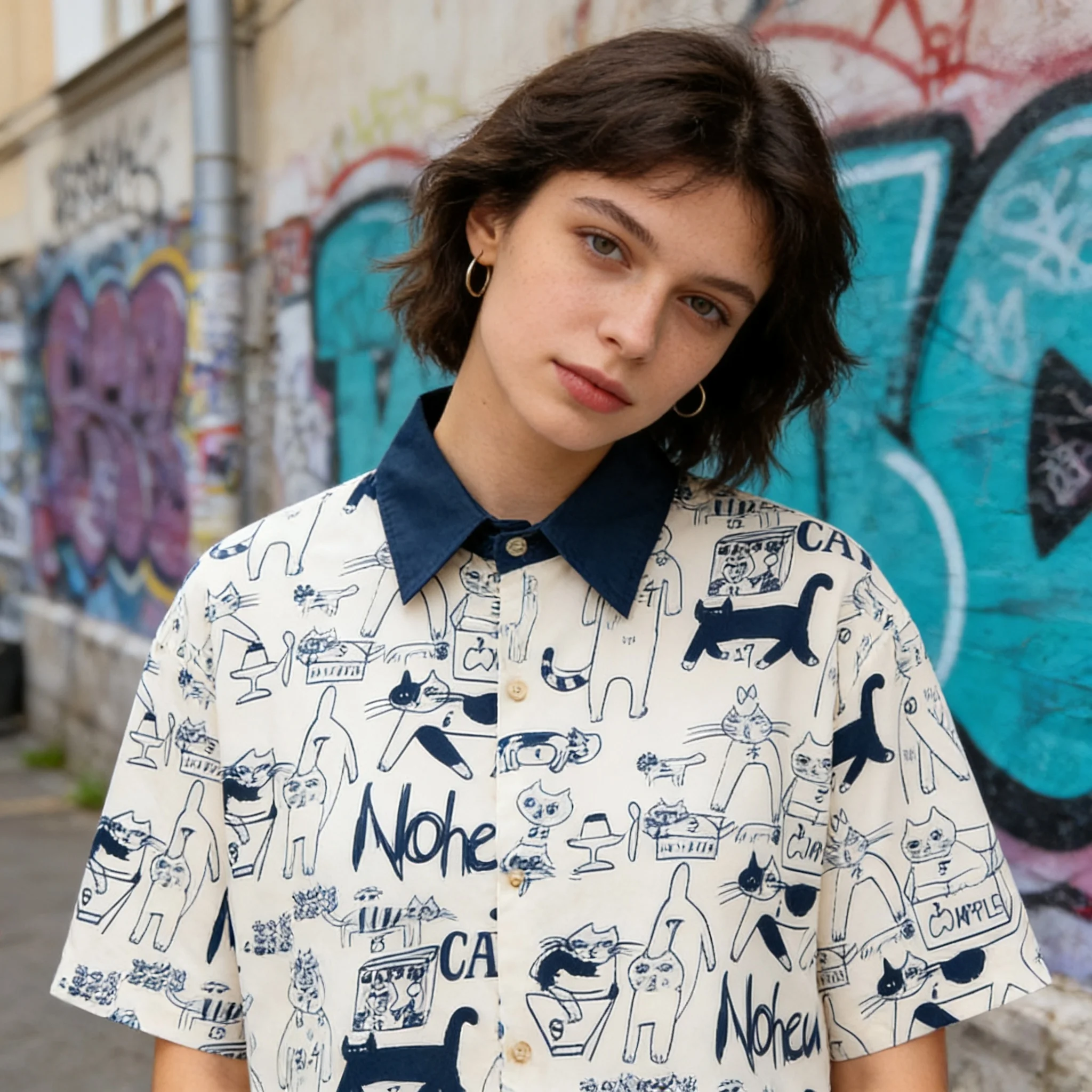 

Рубашка с коротким рукавом в стиле ретро с забавным мультяшным принтом в гонконгском стиле, женская летняя рубашка в студенческом стиле, свободный повседневный топ 2026