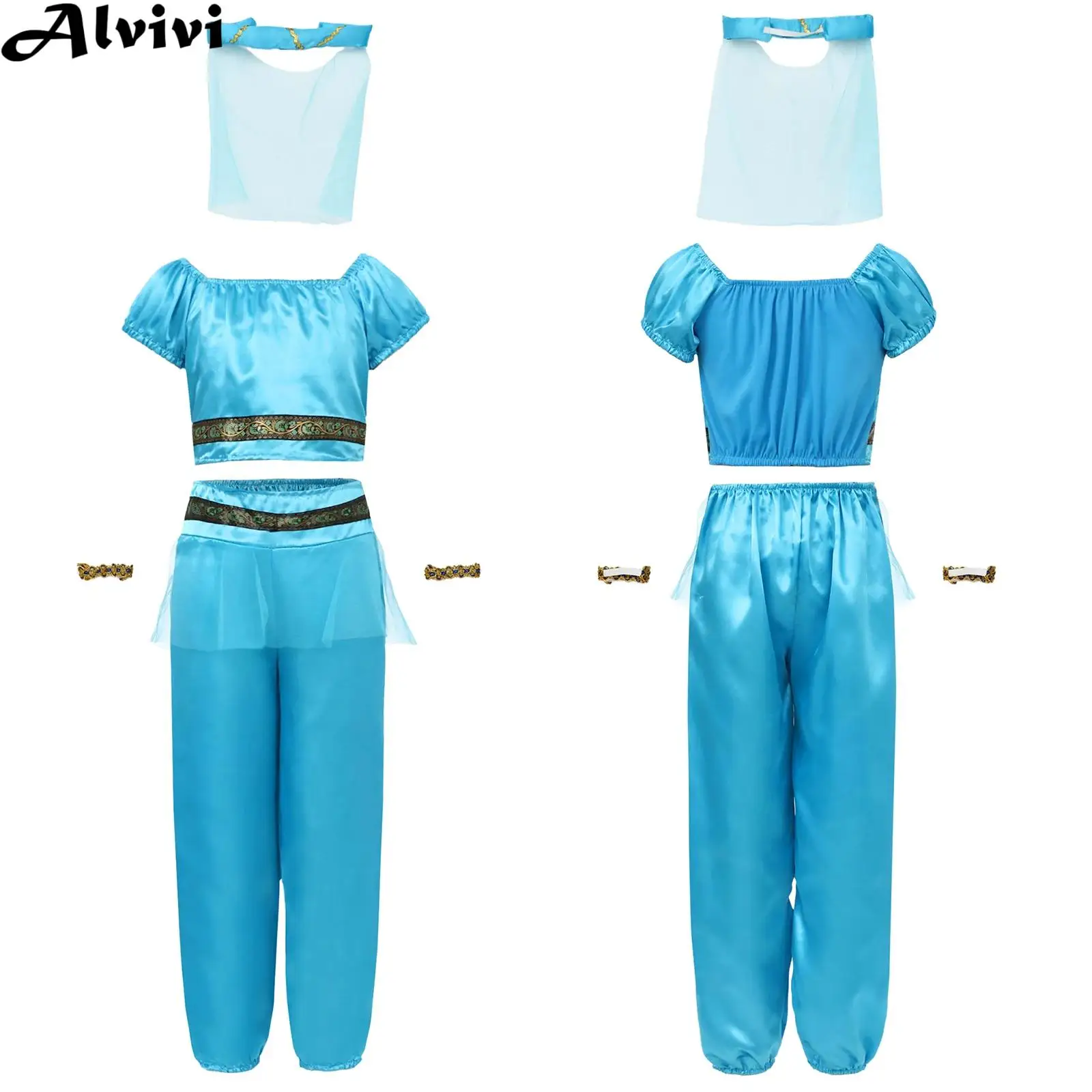 

Детский индийский костюм для танца живота для девочек, карнавальный костюм арабской принцессы на Хэллоуин, укороченный топ с брюками, открывающимися ногами, манжетами, вуаль, комплект