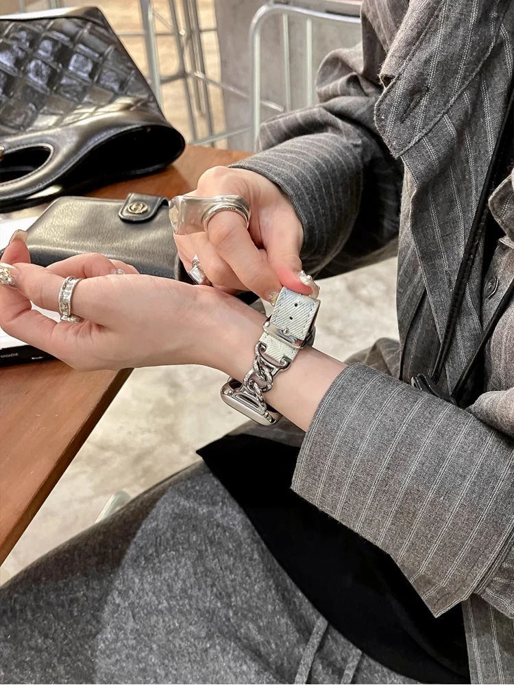 Cinturino in acciaio inossidabile di lusso per iWatch Ultra 9 8 7 SE 6 5 cinturino in Denim lavabile per Apple Watch 38MM 40MM 42MM 45MM 49MM
