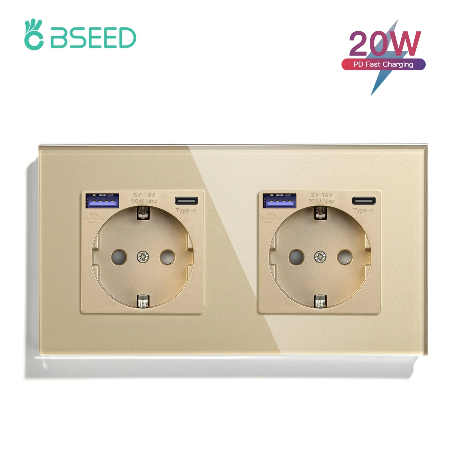 BSEED PD Schnelllade-USB-Typ-C-Wandsteckdose, EU-Standard-Steckdosen, Doppelsteckdosen, Glas, dreifache Steckdosen, Wandmontage