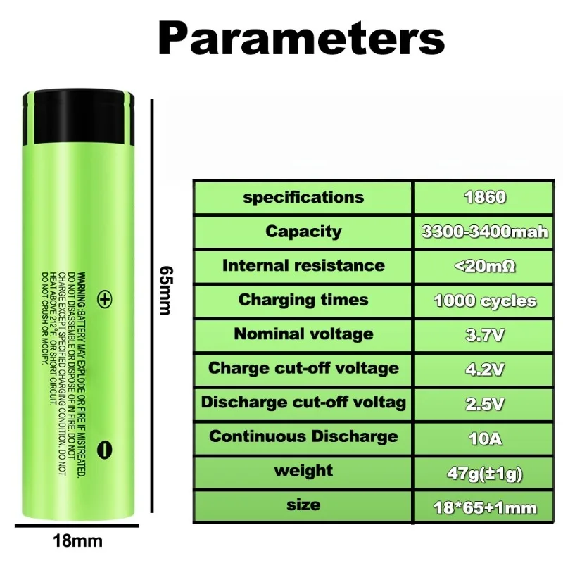 18650 3.7V 3400mAh Rechargeable Lithium Ion Battery 10A Continuous Discharge For Flashlight Fan LED Light DIY Energy Storage