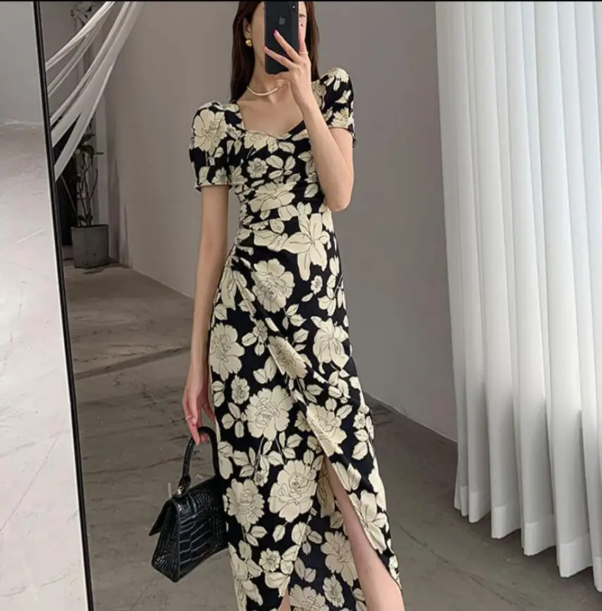 

French Slit Slim Waist Square Neck Puff Short Sleeve Chiffon Dress Women's High-End Design Summer Floral Holiday Dresses s376