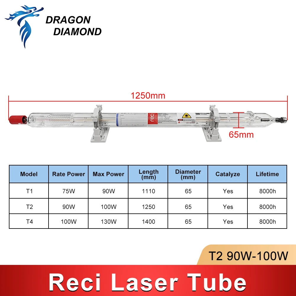 DRAGON DIAMOND Reci T-series T2 90W-100W CO2 Laser Tube Length 1250mm Dia.65mm for Laser Engraving Cutting Machine