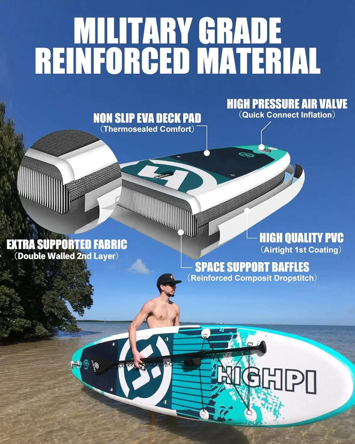 Opblaasbaar Stand Up Paddle Board 10'6''/11' Premium SUP W Accessoires en rugzak, brede houding, surfcontrole, antislipdek