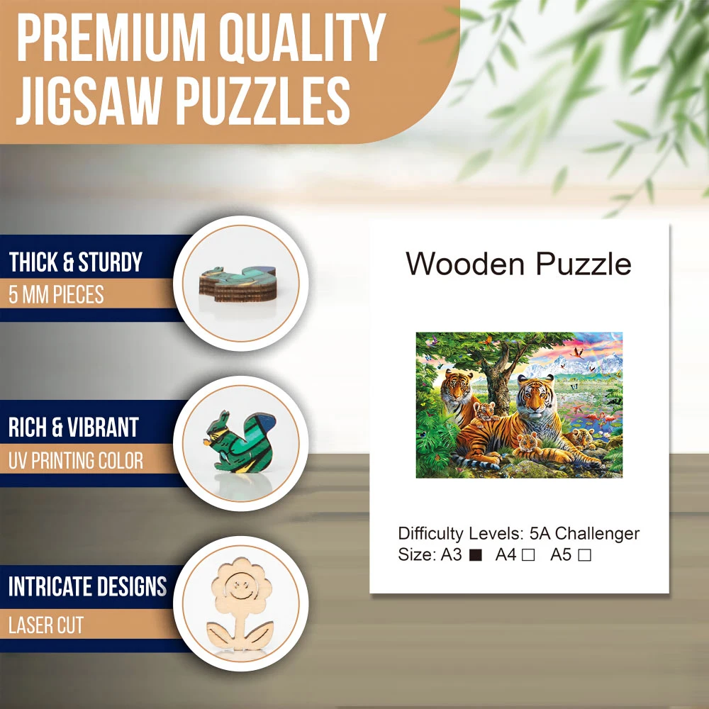 Tiger Family-Wooden Jigsaw Puzzle Art, Unique Animal Shaped Pieces, DIY Leisure Game Fun Toy Gift Suitable Family Friends