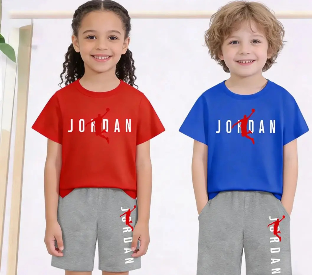 

Children's Summer Sportswear Set Includes Cartoon Letter Sport White T-shirt + Shorts for 3-13 Year Olds for Sports Activities