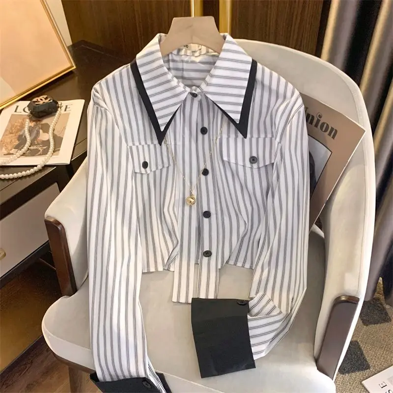 Turn-down Collar Fashion Ladies Striped Shirts Spring Autumn Office Lady Tops Long Sleeve Sweet Blouses Buttons Women\'s Clothing