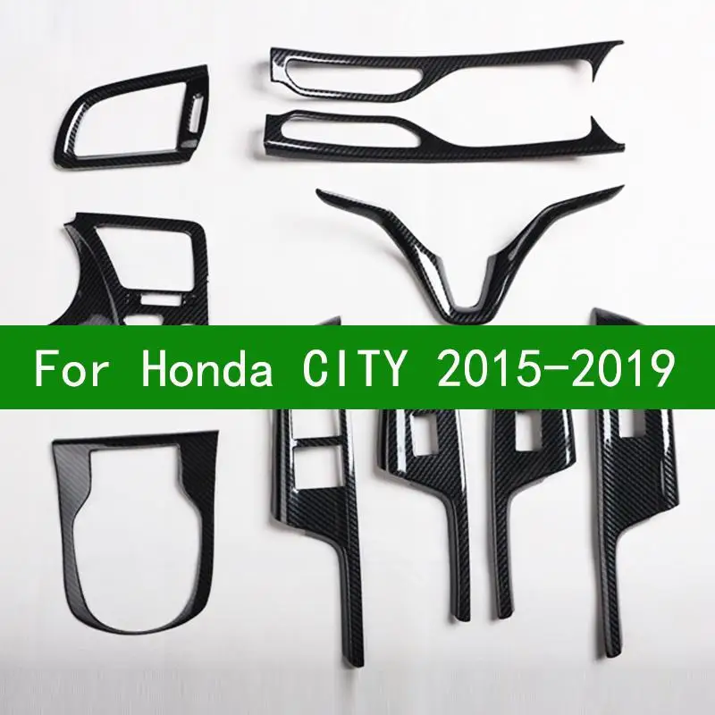 Nadaje się do Honda City 2015-2019 osłona kierownicy z włókna węglowego dekoracja wnętrz tapicerka, przełącznik okna elektrycznego tapicerka 2017 2016 — zdjęcie 2