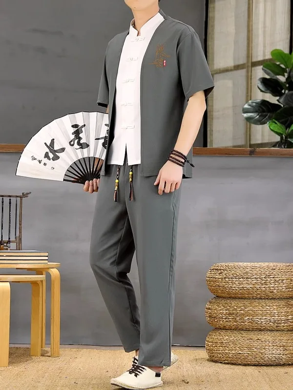 new-chinese-sle-men's-summer-thin-ort-sve-embroidered-irt-long-pants-set-casual-sportswear-polyester-fiber-youth