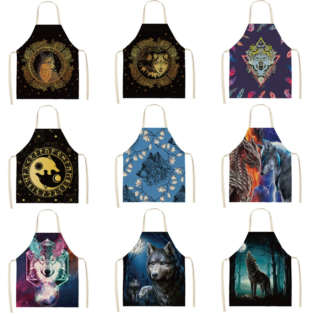 Stars Moon Wolf Head Printed Pattern Apron Sci-Fi Style Sleeveless Apron Fashion Party Apron Cooking Apron Cotton Linen Apron