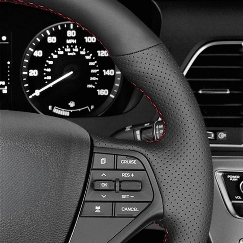 Black Artificial Leather DIY Hand-stitched Car Steering Wheel Cover for Hyundai Sonata 9 2015 2016 2017 (4-Spoke)