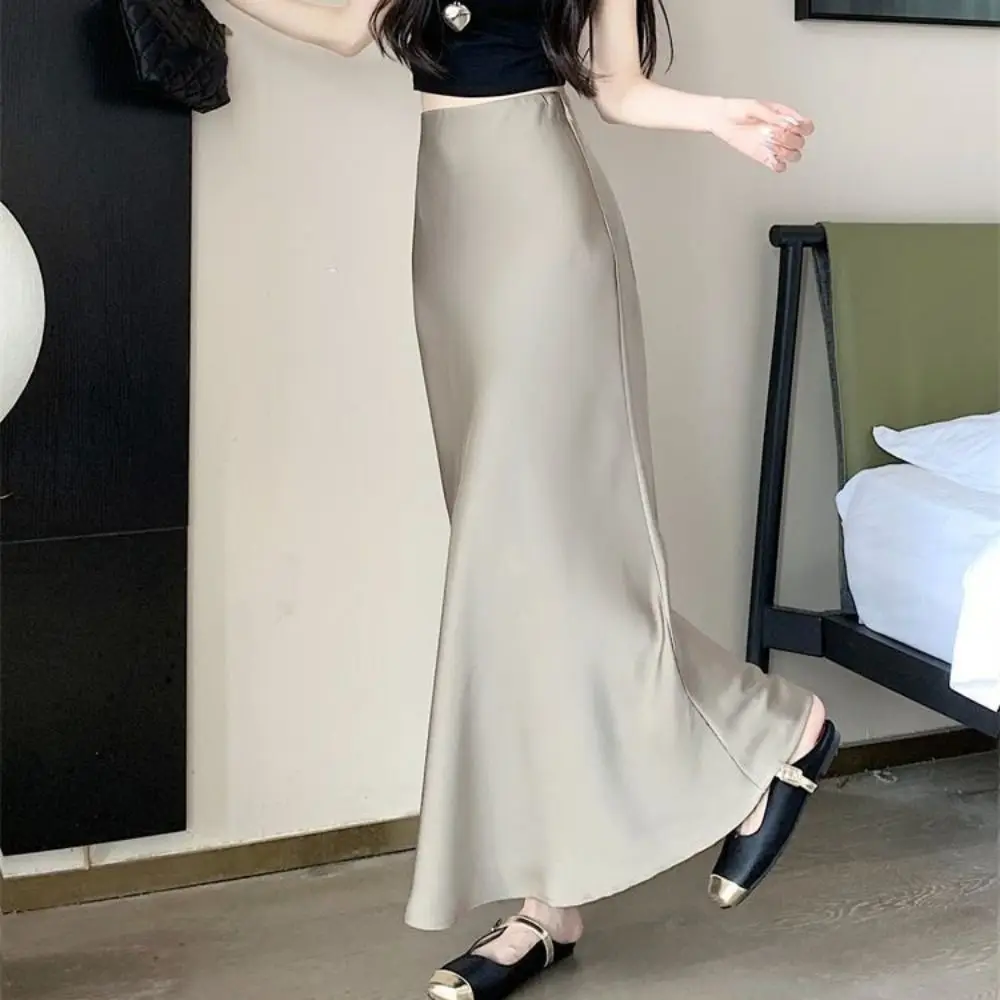 Business Outfits Summer Satin Silk Long Skirt High Waist Slim Fit High Waisted Skirts Half Body Dress A Line Midi Skirt Girl