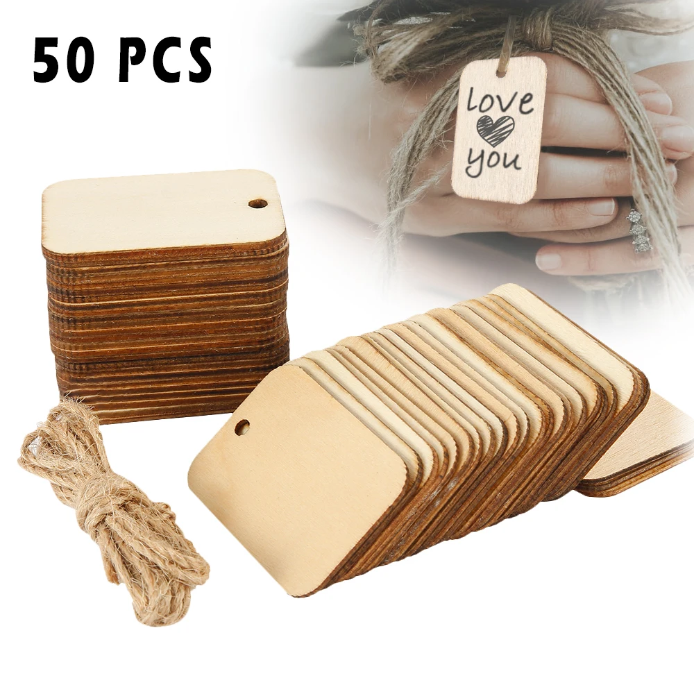 50Pcs Wood Slices with Ropes Unfinished Rectangular Log Slices Rustic Natural Wood Pieces Hanging Ornament for DIY Crafts Weddin