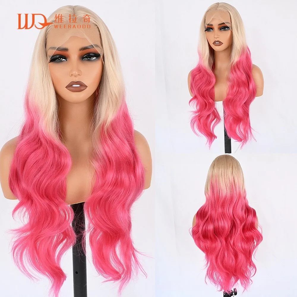 28-inch-body-wave-lace-front-wig-platinum-blonde-pink-ombre-glueless-synthetic-hair-heat-resistant-13x4-lace-150-density-wig