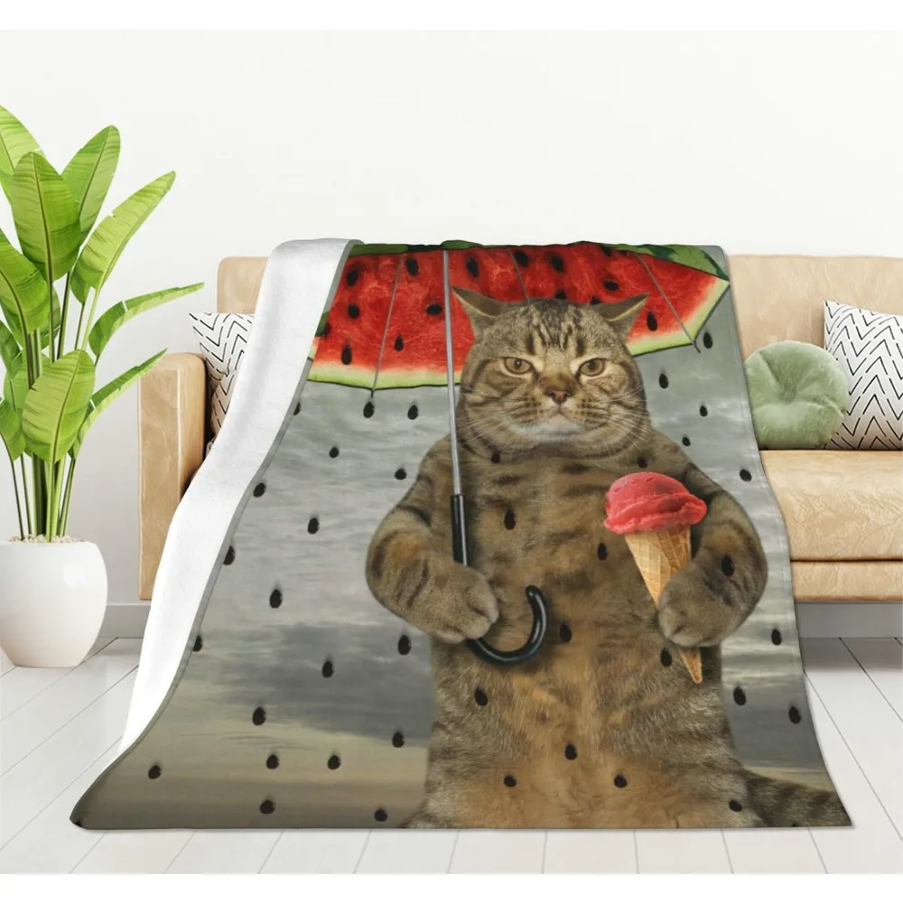 Funny Animal Cat Throw Blanket The Cute Cat Is Holding An Umbrella In One Paw And Fruit Ice Cream In Other Soft