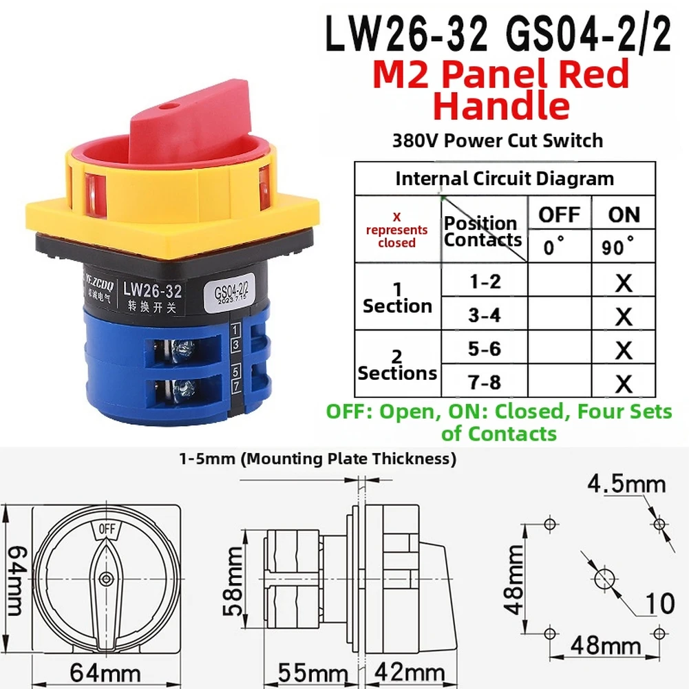 Interruptor Rotativo LW26GS-32/02 32A 690V con Aislamiento, Interruptor Principal de Desconexión de 2 Posiciones OFF-ON para Equipos Industriales