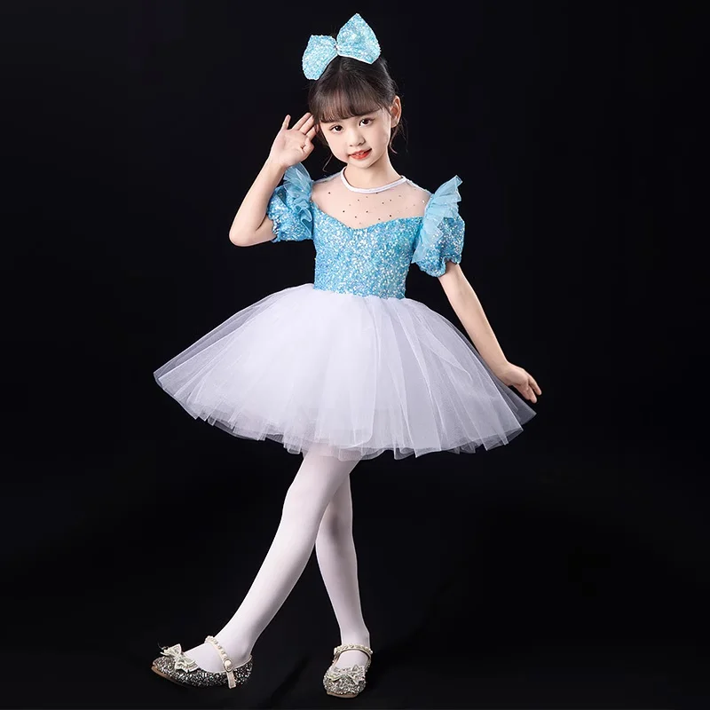 

Sequin Dance Costume Girls Lyrical Contemporary Freestyle Christmas Blue Pink Modern Dance Dress Girls Children Kids