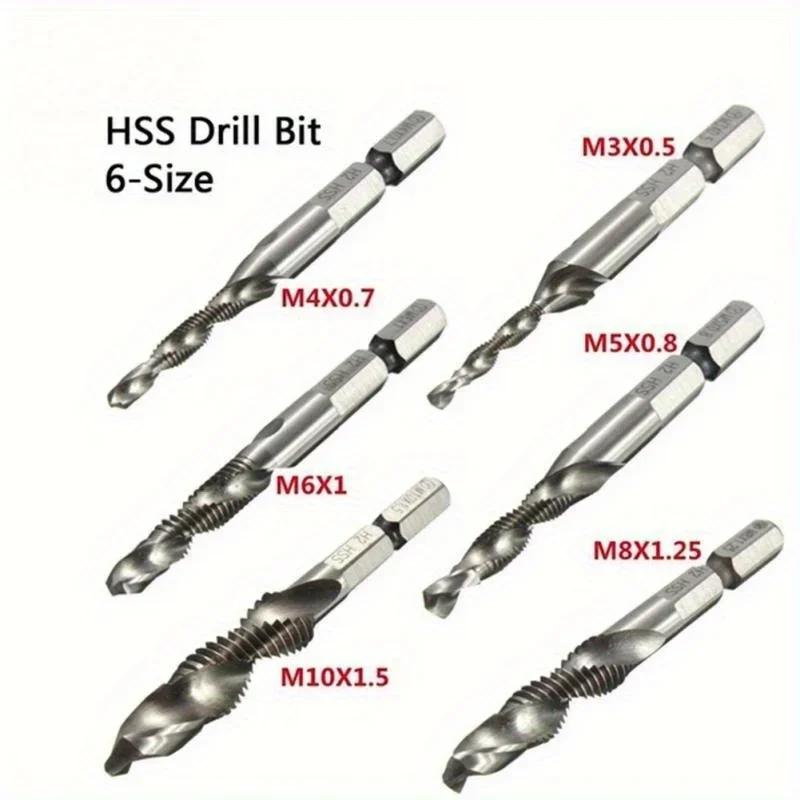 6pcs Drill Tap Combination Bit Set - Metric Thread M3 M4 M5 M6 M8 M10 Taps Tool For Screw Tapping Countersink Drilling