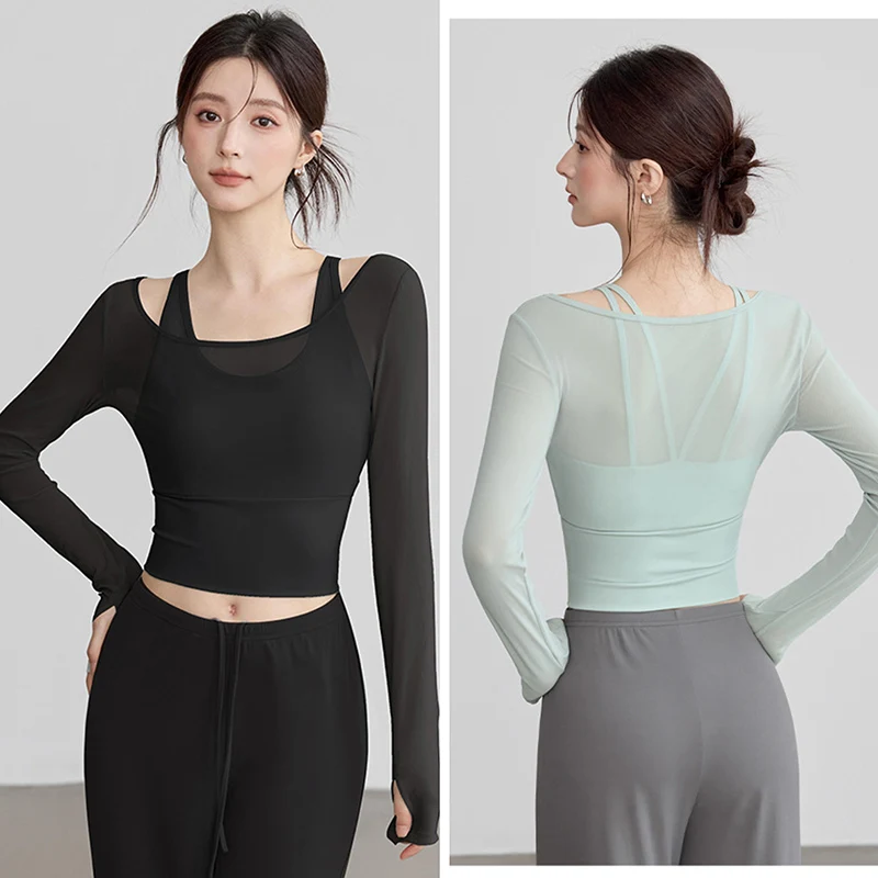 Mesh Fake Two-piece Yoga Clothes Long-sleeved Slimming Sports Tops with Chest Pads Women's Pilates Gym Training Fitness Clothes
