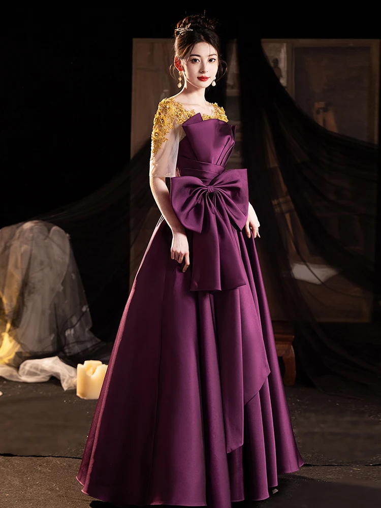 أنيقة الأرجواني ألف خط فساتين حفلات طويلة طاقم الرقبة مع القوس الكبير مساء حزب ثوب مساء اللباس مخصص فستان المناسبات الرسمية