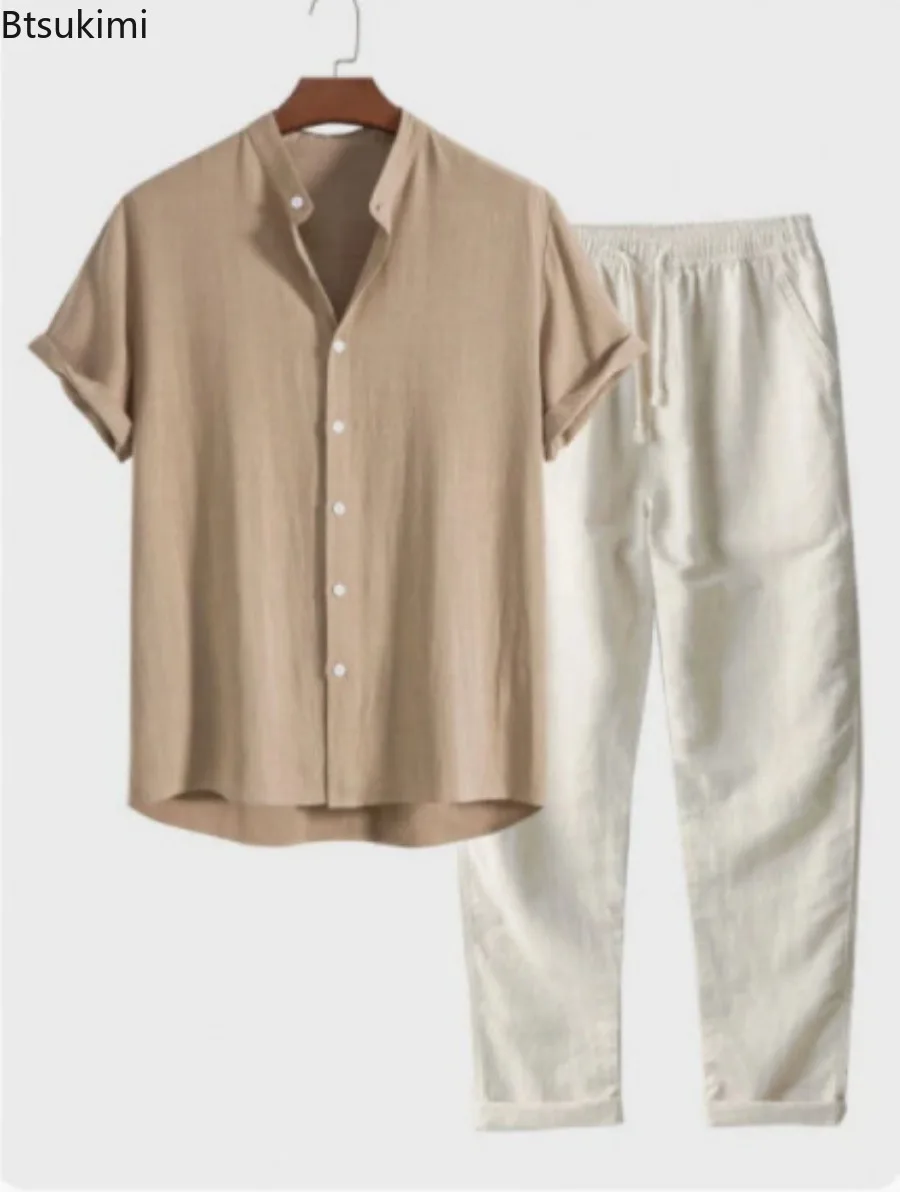 Ensemble deux pièces décontracté pour homme 2026 : chemise à col montant et pantalon légers et respirants pour l'été – Tenue de plage tendance