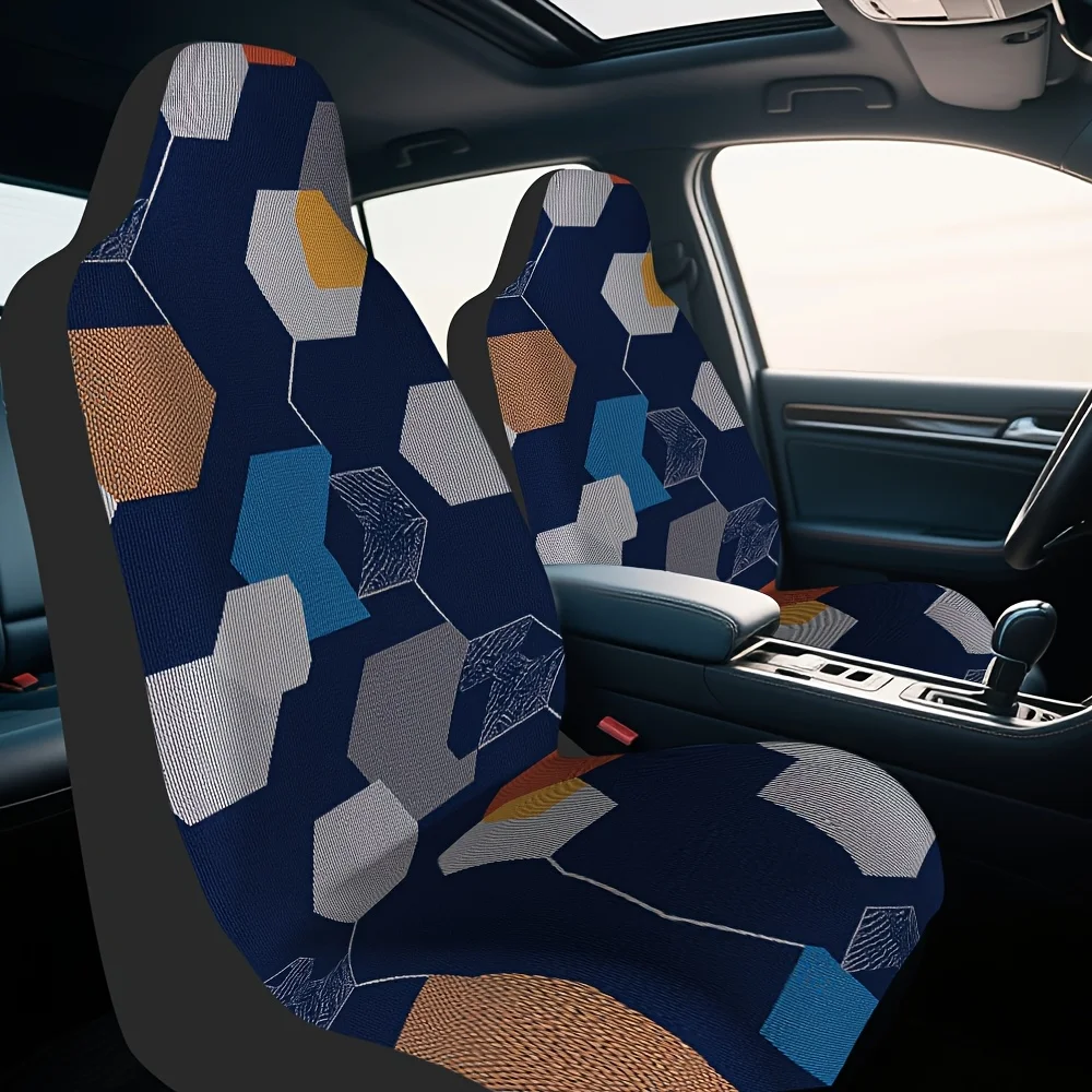 2pcs, Geometric Hexagon Mesh Print Car Seat Covers, Universal Fit For Cars, SUVs, Trucks, Front Seat Covers For Women And Men, W
