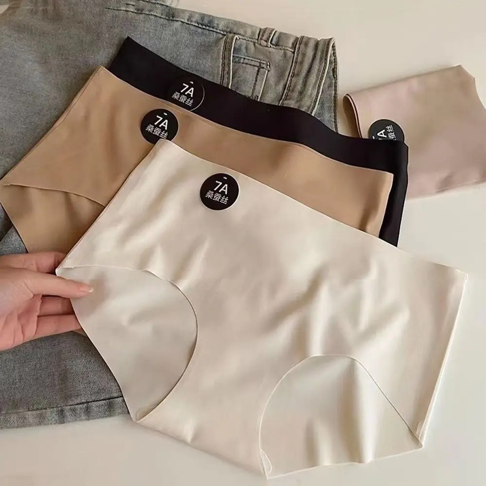 

6Pcs Simple Mid Waist Ice Silk Panties Cotton Crotch Underpants Seamless Briefs Lingerie Thin Underwear for Women Gifts