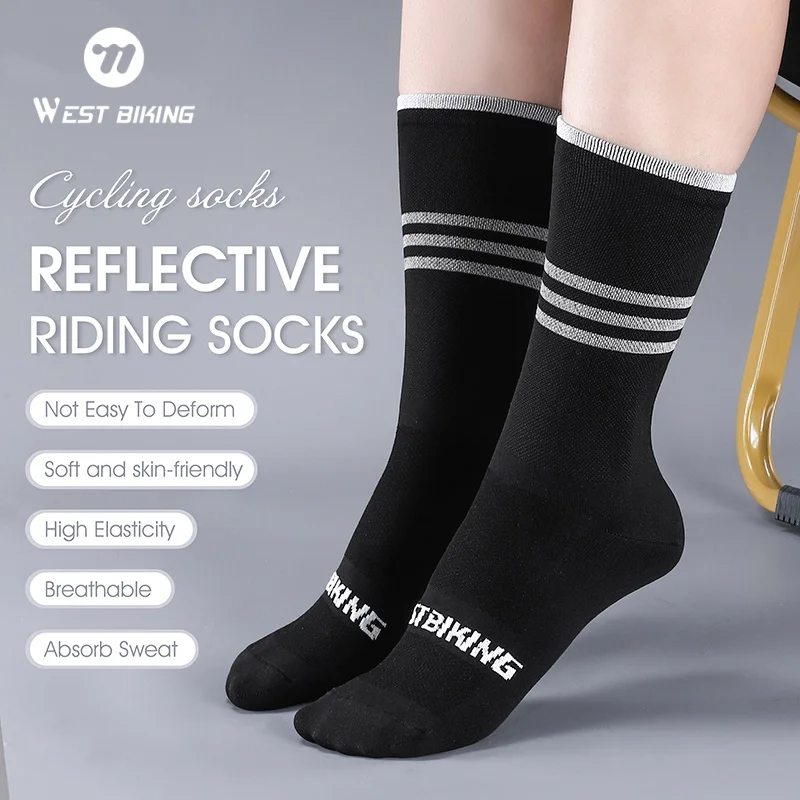 WEST BIKING Reflective Cycling Socks Mid-calf Breathable Sport Socks Elastic Anti-deformation Bicycle Socks for Running Football
